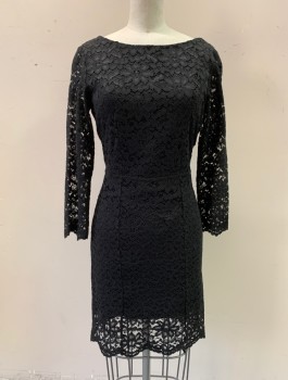 FOREVER 21, Black, Rayon, Cotton, Solid, Floral Lace Over Lining, Long Sleeves with No Lining, Zip Back, Scoop Neck, Knee Length, Lace Hem Longer Than Lining Hem