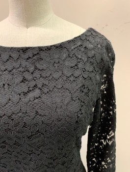FOREVER 21, Black, Rayon, Cotton, Solid, Floral Lace Over Lining, Long Sleeves with No Lining, Zip Back, Scoop Neck, Knee Length, Lace Hem Longer Than Lining Hem