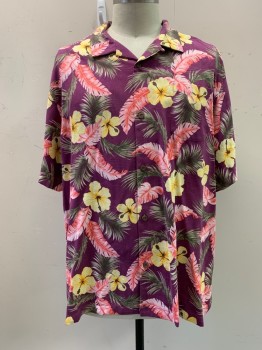 Mens, Hawaiian Shirt, TOMMY BAHAMAS, Dk Purple, Pink, Multi-color, Silk, Floral, 3X, C.A., Button Front, S/S, 1 Pocket, Yellow And Dark Green Details