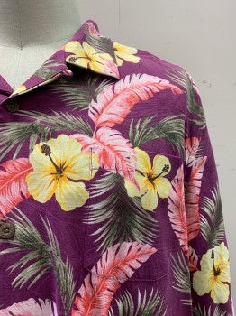 Mens, Hawaiian Shirt, TOMMY BAHAMAS, Dk Purple, Pink, Multi-color, Silk, Floral, 3X, C.A., Button Front, S/S, 1 Pocket, Yellow And Dark Green Details