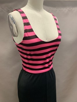 OVED, Black, Fuchsia Pink, Nylon, Stripes - Horizontal , Stretch Fabric, Sleeveless With 1" Straps, Scoop Neck, Top Is Striped, Bottom Is Solid Black, Low Back, Fitted Through Hips, Hem Above Knee
