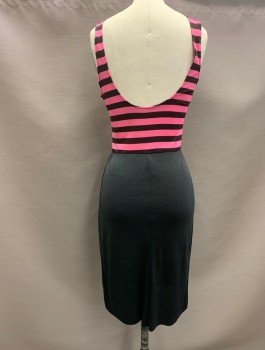 OVED, Black, Fuchsia Pink, Nylon, Stripes - Horizontal , Stretch Fabric, Sleeveless With 1" Straps, Scoop Neck, Top Is Striped, Bottom Is Solid Black, Low Back, Fitted Through Hips, Hem Above Knee