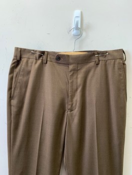 Mens, Slacks, ROUNDTREE & YORKE, Brown, Polyester, Rayon, Solid, Ins:32, W:34, Flat Front, Button Tab, 4 Pockets, Belt Loops