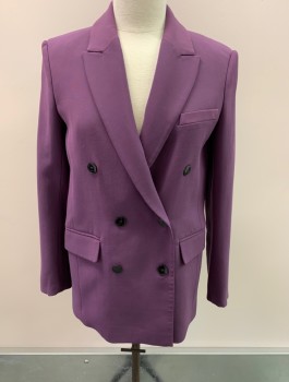 ZARA, Plum Purple, Polyester, Solid, Double Breasted, Peaked Lapel, 1 Welt Pocket, 2 Pockets, Vent At Center Back