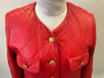 Womens, Leather Jacket, SAKS FIFTH AVE., Red, Leather, Solid, B 38, Diamond Quilted, 4 Faux Button Flap Pckts, B.F., Gold Buttons with "Chanel" Logo
