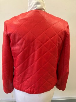 Womens, Leather Jacket, SAKS FIFTH AVE., Red, Leather, Solid, B 38, Diamond Quilted, 4 Faux Button Flap Pckts, B.F., Gold Buttons with "Chanel" Logo