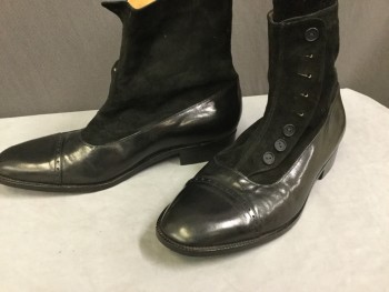 Mens, Boots 1890s-1910s, STEPPIN OUT, Black, Leather, Suede, Solid, 12, Nice and Shiny, Ankle High, Cap Toe, Button Side,