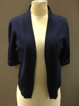 Womens, Cardigan Sweater, Cable & Gauge, Navy Blue, Rayon, Polyester, Solid, Small, Short Sleeve,  Cuffed Sleeves, Open Front, 3 Buttons On Each Cuff