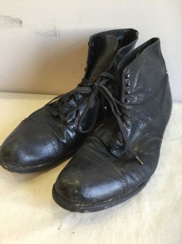 Mens, Boots 1890s-1910s, Stacy Adams, Black, Leather, 13EE, Cap Toe, Lace Up,