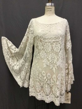 Womens, Top, Cream, Lace, Cotton, Floral, M, Round Neck,  Bell Sleeves, Pull Over Tunic