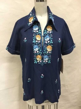 NO LABEL, Navy Blue, Blue, Beige, Pink, Lt Brown, Polyester, Floral, Short Sleeve,  Open Deep V Neck, Floral Embroidery, One Loop/button At Chest