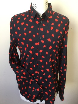 H & M, Black, Red, Cotton, Polyester, Hearts, Black with Red Hearts Print, Collar Attached, Button Front, Long Sleeves,