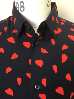 H & M, Black, Red, Cotton, Polyester, Hearts, Black with Red Hearts Print, Collar Attached, Button Front, Long Sleeves,
