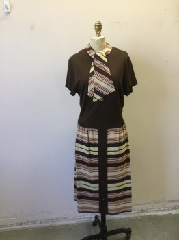 N/L, Brown, Cream, Multi-color, Polyester, Solid, Stripes, Poly Knit. Brown Bodice with Short Sleeves, Stripe Fabric at Neck Tie and Skirt. Zipper Center Back, Small Holes at Both Shoulders