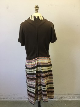 N/L, Brown, Cream, Multi-color, Polyester, Solid, Stripes, Poly Knit. Brown Bodice with Short Sleeves, Stripe Fabric at Neck Tie and Skirt. Zipper Center Back, Small Holes at Both Shoulders