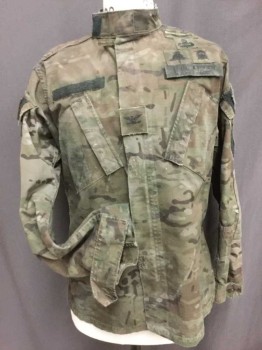Olive Green, Brown, Polyester, Cotton, Camouflage, Aged/Distressed, Lots Of Patches and Velcro, Zip Front, Velcro Close Stand Collar