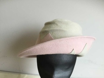 Womens, Hat, Stephen Jones, Antique White, Pink, Wool, 7 5/8, Assymetric Hat, Pink Brim Half Up/half Down, Antique White with Pink Triangle, Brim with Antique White Triangle Detail