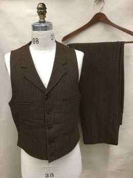 NO LABEL, Brown, Black, Cream, Wool, Cotton, Novelty Pattern, Button Front, 4 Faux Welt Pockets, Brown Solid Back Panel, Adjustable Buckle At Back Waist, Notch Lapel,