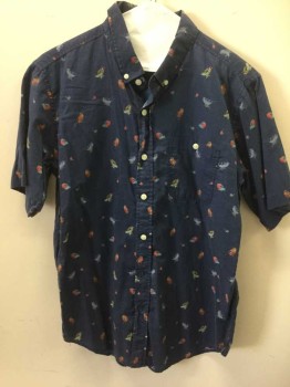 EZEKIEL, Navy Blue, Multi-color, Cotton, Lycra, Novelty Pattern, Tiny Bird Print of Robins, Sparrows, Finches on Navy Background, Short Sleeves, Button Down Collar, 1 Buttoned Pocket