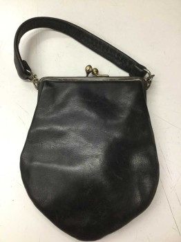 N/L, Black, Leather, Solid, Clutch, Metal Clasp, Small 3/4" Strap, Lining Is Beige Rough Cotton Canvas (Almost Like Burlap),  **Scuffed Throughout,