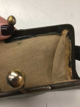 N/L, Black, Leather, Solid, Clutch, Metal Clasp, Small 3/4" Strap, Lining Is Beige Rough Cotton Canvas (Almost Like Burlap),  **Scuffed Throughout,