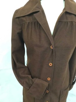 PAUL, Brown, Polyester, Solid, Coat Dress, Button Front, Yoke, Exaggerated Collar Attached, Long Sleeves with Flared Fold Up Button Cuffs, 2 Patch Pockets,  Fleecy