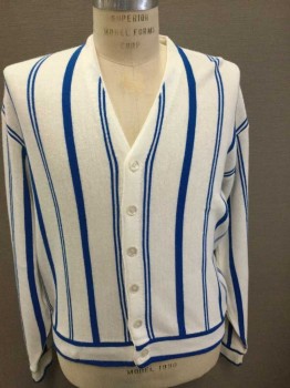 Mens, Sweater, MAC PERTH, White, Blue, Acrylic, Stripes - Vertical , XL, Cardigan, Long Sleeves, V-neck, 6 Buttons,