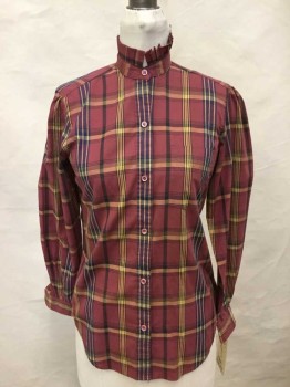 JOHN HENRY, Cranberry Red, Black, Yellow, Gray, Cotton, Polyester, Plaid, Band Collar W/fan Pleat Trim, Button Front, Long Sleeves,