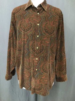 BROOKS BROTHERS, Brown, Maroon Red, Green, Red, Lt Brown, Cotton, Paisley/Swirls, Corduroy, Long Sleeves, Button Front, Collar Attached, Collar Worn Down with Age