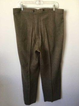 M.T.O., Brown, Lt Brown, Wool, Herringbone, Working Class Better Pants. Wool Herringbone, High Waisted Button Fly, 2 Slit Pockets. Thread Bare at Crotch Front