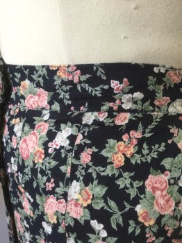 MAURICES, Navy Blue, Mint Green, Lt Pink, White, Sage Green, Rayon, Floral, 1.5" Self Waistband, Elastic Waist in Back, Buttons at Center Front, Hem Ankle Length,