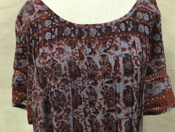 Womens, Dress, Short Sleeve, ECOTE, Lavender Purple, Rust Orange, Black, Brown, Rayon, Floral, Abstract , S, Round Neck,   Pleat/released Front & Back, Rust Crochet Work Short Sleeves,