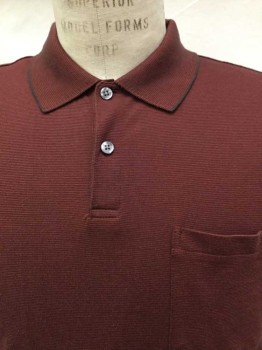 VAN HEUSEN, Maroon Red, Black, Cotton, Polyester, Heathered, Stripes - Horizontal , Heather Maroon/black W/self Horizontal Stripes, Collar Attached, 2 Button Front, 1 Pocket, Short Sleeves,