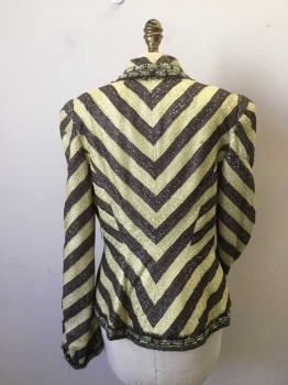 Womens, 1930s Vintage, Piece 2, MTO, Brown, Lime Green, Lt Yellow, Silk, Synthetic, Stripes - Diagonal , B34, Jacket, Light Yellow Satin Lining.open Front. Long Sleeves. Iridescent  Bead and Lime Green Sequin Trim. Circular Shaped Clasp at Neck Front on Collar Band of Lime, Magenta and Cream Rhinestones. Non Functioning Clasp. Self Frayed Brown Speckled Chiffon at Beaded Edge. Hidden Hook & Eye Closure at Center Front