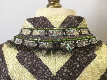 Womens, 1930s Vintage, Piece 2, MTO, Brown, Lime Green, Lt Yellow, Silk, Synthetic, Stripes - Diagonal , B34, Jacket, Light Yellow Satin Lining.open Front. Long Sleeves. Iridescent  Bead and Lime Green Sequin Trim. Circular Shaped Clasp at Neck Front on Collar Band of Lime, Magenta and Cream Rhinestones. Non Functioning Clasp. Self Frayed Brown Speckled Chiffon at Beaded Edge. Hidden Hook & Eye Closure at Center Front