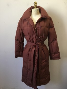 Womens, Coat, CYCLONE, Brown, Polyester, Solid, 10, Quilted Long Puffy Coat, L/S, Zip Front with Toggle/Eye on Top, C.A., 2 Pckts, Self Belt