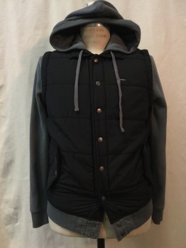 Mens, Casual Jacket, RVCA, Black, Gray, Cotton, Synthetic, Solid, Color Blocking, S, Quilted Black Vest wih Gray Sweatshirt Lining, Hood, 2 Pockets, Snap Front,
