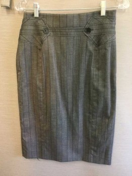KAREN MILLEN, Black, Blue, Wool, Spandex, Stripes, Pencil with Button Detail at Waistband. Side Seam Zipper, Slit Center Back,