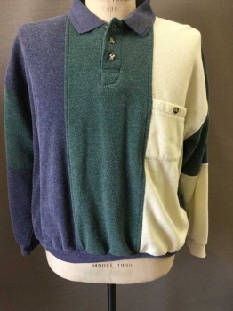Mens, Polo Shirt, XCEPTIONS, Navy Blue, Cream, Forest Green, Polyester, Cotton, Color Blocking, XL, Pique, Multi Paneled Stripes Of Color, Long Sleeves, 3 Buttons At Neck,