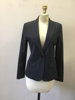 THEORY, Navy Blue, Wool, Lycra, Heathered, Jacket - 1button Single Breasted, Peaked Lapel, 3 Pockets, Slit Center Back,