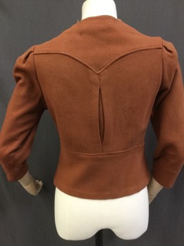 Womens, Jacket, MTO, Rust Orange, Wool, Solid, Herringbone, 25W, 30B, Single Breasted, V-neck, Piped Edges, Rounded Button Tab Details at Bust, Pointed Back Yoke, Center Back Vent, Some Light Spots Left Sleeve