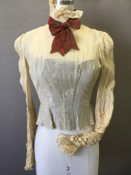 N/L, Cream, Brick Red, Silk, Solid, Cream Chiffon with Self Iridescent Textured Circles Pattern, Long Sleeves, High Neckline with Ruffled Edge, Brick Red/Olive Changeable Taffeta Bow at Neck, Boned Structure Underneath, Ruched Taperred Cuffs, Buttons in Back, Made To Order