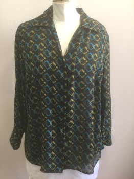 Womens, Blouse, N/L, Dk Brown, Lime Green, Turquoise Blue, Olive Green, Polyester, Geometric, Squares, 2XL, B:50", Chiffon, Long Sleeve Button Front, Collar Attached,  V-neck,