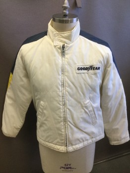 GOOD YEAR, White, Navy Blue, Yellow, Nylon, Solid, Band Collar,  Zip Front, Slit Pockets, Navy and Yellow on Shoulders, Good Year Patch, Quilted Lining