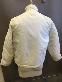 Mens, Jacket, GOOD YEAR, White, Navy Blue, Yellow, Nylon, Solid, L, Band Collar,  Zip Front, Slit Pockets, Navy and Yellow on Shoulders, Good Year Patch, Quilted Lining