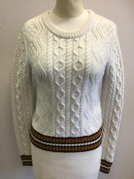 Womens, Pullover, A.L.C., White, Turmeric Yellow, Navy Blue, Wool, Polyester, Solid, S, White Novelty Knit,  Ribbed Knit Crew Neck, Ribbed Knit Blue/Turmeric Yellow Stripes at Hem/Cuffs, (small Pull Back Left Hip)