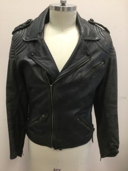 Mens, Leather Jacket, N/L, Black, Leather, Solid, L, Motorcycle Jacket with Off Center Zip Front, 3 Zip Pockets, Braided Leather Epaulettes at Shoulders, Self Laces at Side Waist, Bullseye Stitching at Shoulders, Black Quilted Lining