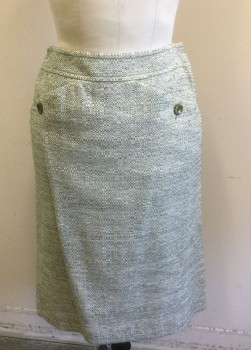 MAX MARA, Olive Green, White, Dk Olive Grn, Wool, Basket Weave, Pencil Skirt, 1.5" Wide Self Waistband, 2 Side Slanted Pockets with Olive Button Closure, Knee Length