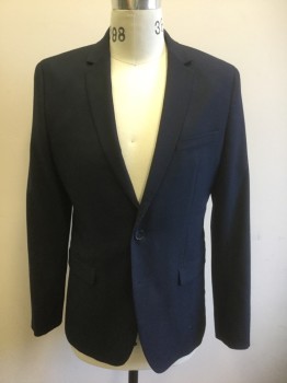 Mens, Sportcoat/Blazer, CALVIN KLEIN, Navy Blue, Polyester, Viscose, Solid, 38R, "M", Dark Navy, Single Breasted, Notched Lapel, 2 Buttons, 3 Pockets, Solid Navy Lining
