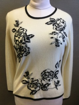 Womens, Pullover, BELFORD, Cream, Black, Cashmere, Floral, L, Cream with Black Oversized Textured Roses, Knit, Long Sleeves, Scoop Neck, Black 3/8" Edging at Neckline/Hem/Cuffs